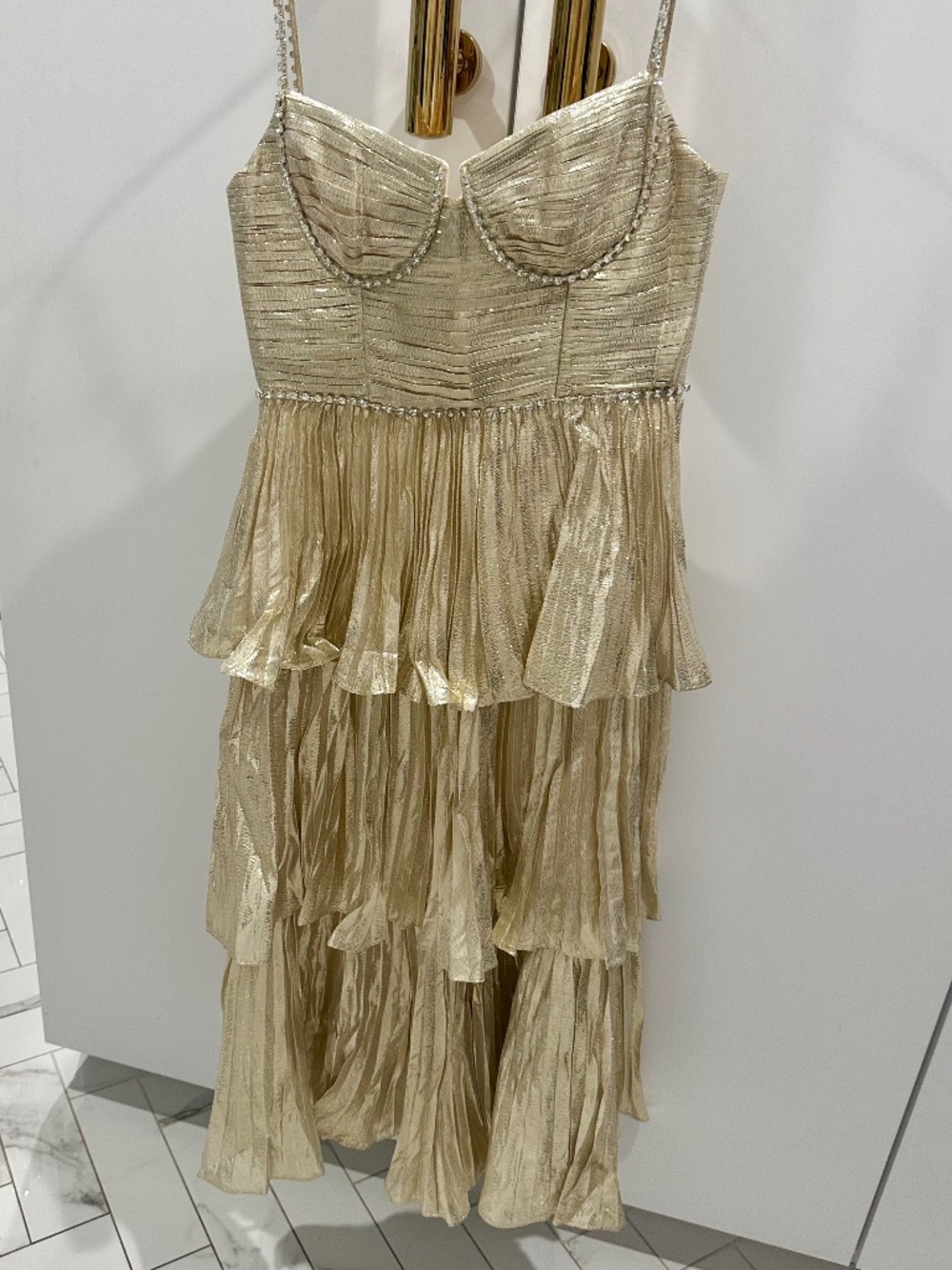 Self-Portrait Gold Metallic Tiered Midi Dress Sz 2
